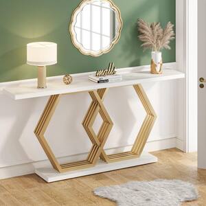 Turrella 70 in. Gold Rectangle Particle Board Console Table with Faux Marble Tabletop and Geometric Metal Base