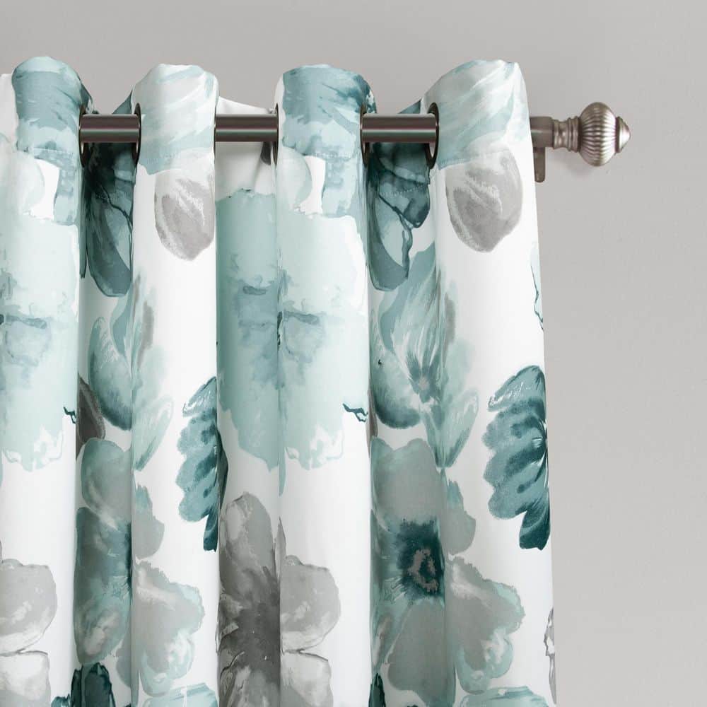 Leah Blue Floral Polyester Light Filtering Curtain Panels