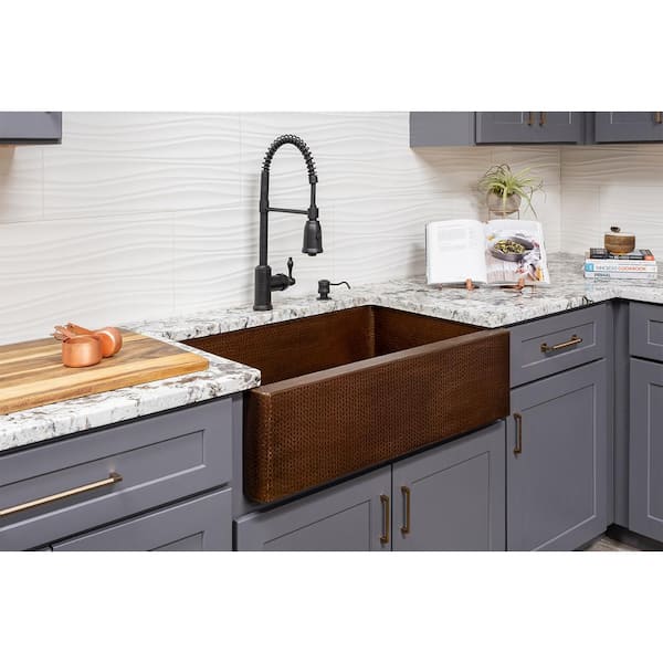 Premier Copper Products Farmhouse/Apron-Front Hammered Copper 33 in. 0-Hole Single Bowl Kitchen Sink in Antique Copper and Drain