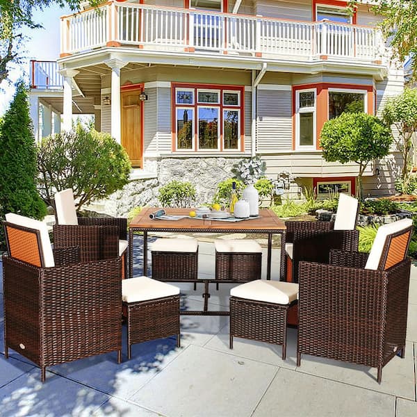 9-Piece Rattan Wicker Patio Dining Set Outdoor Furniture with Cushions