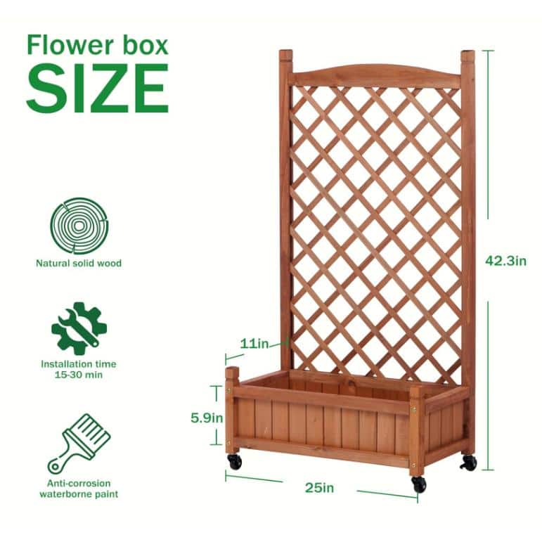 Rustic Solid Wood Raised Garden Bed with Trellis and Wheels