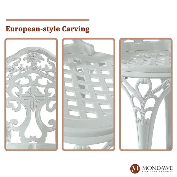 2-Piece White European Carving Cast Aluminum Outdoor Patio Armless Bistro Chair