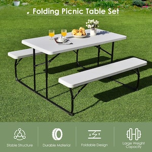 White Foldable Metal Bench Set Picnic Outdoor Camping Table With Extension