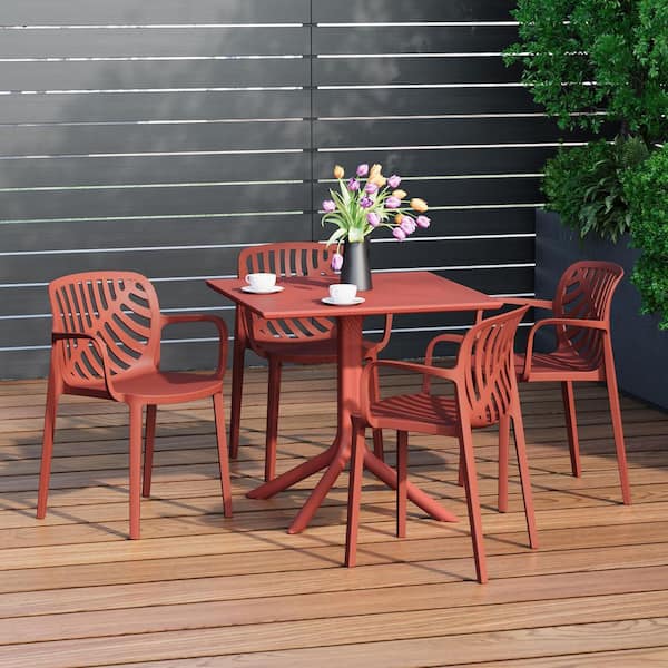 Frond and Form Modern Outdoor Patio Poly Plastic 5-Piece Square Table Dining Set w/ 4-Stackable Chairs in Red