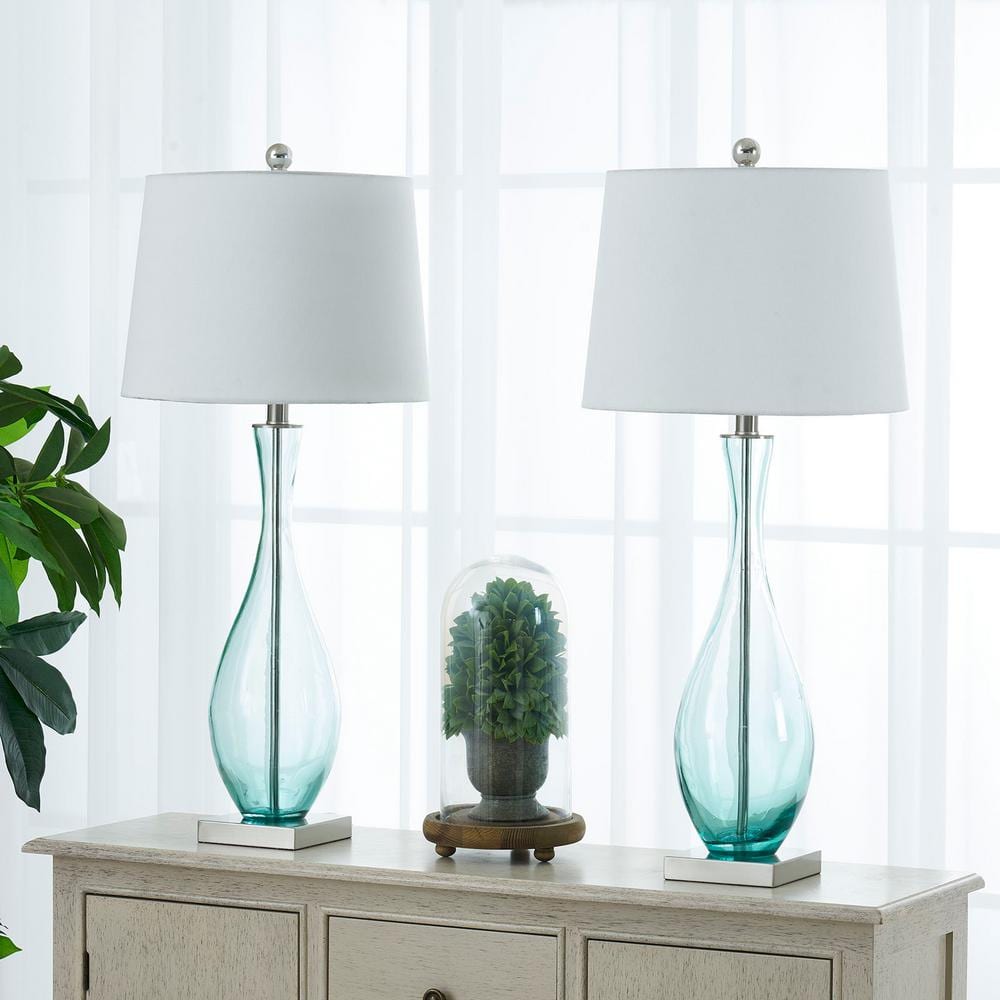 Aqua Glass and White Linen 31" Table Lamp Set