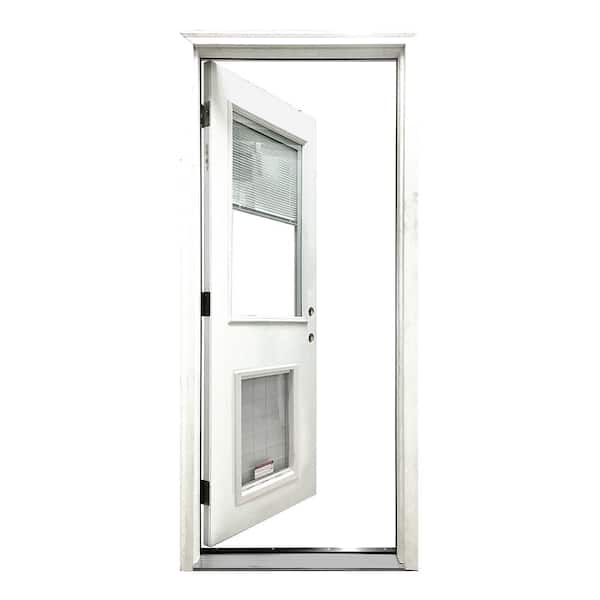 Steves & Sons 36 in. x 80 in. Reliant Series Clear Mini-Blind LHIS White Primed Fiberglass Prehung Front Door with XL Pet Door