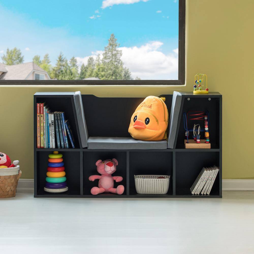 Black Wood Kids Bookshelf with Cushioned Reading Nook and Storage Cubes