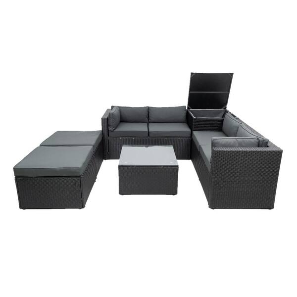Cesicia Black 6Piece Wicker Outdoor Sectional Set Sofa with Gray