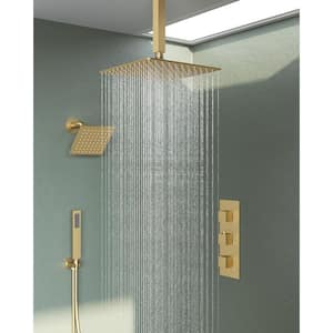 ZenithRain 5-Spray Square High Pressure with Dual Rainfall Showerheads Thermostatic Valve Included in Brushed Gold