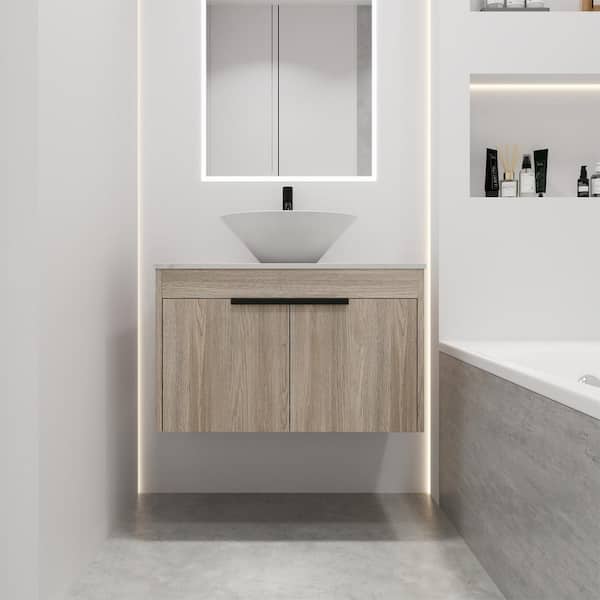 PETIT 29.5 in. W x 18.9 in. D x 24 in. H Single Sink Floating Bath Vanity in Oak with White Stone Top and Ceramic Sink
