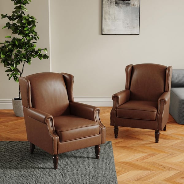 Uixe Brown PU Leather Upholstered High Back Accent Arm Chair With