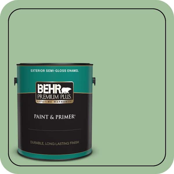 BEHR PREMIUM PLUS 1 gal. #BIC-25 Spring Sprig Semi-Gloss Enamel Exterior Paint & Primer