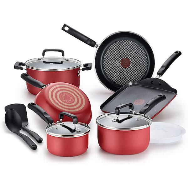 T-fal 12-Piece Nonstick Titanium Cookware Set with Lids in Red
