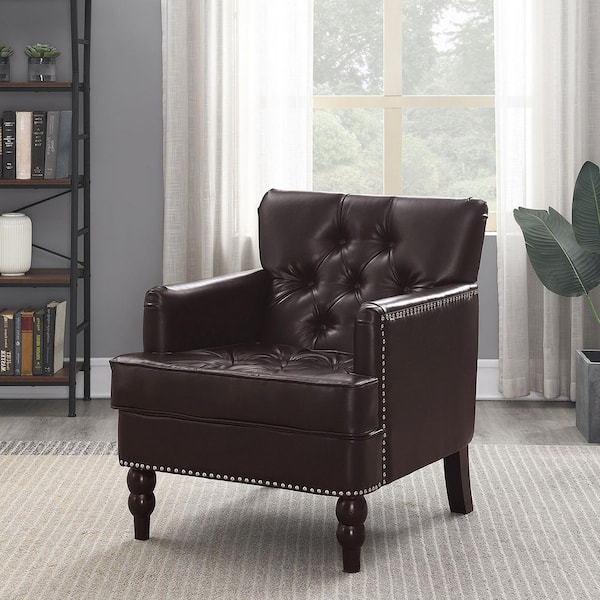 Modern Accent Chair Chocolate Brown Faux Leather Club Armchair with Nail Head Trim for Living Room Bedroom Office