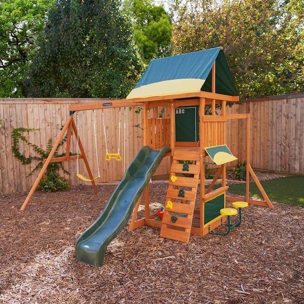 DIY Brightside Wooden Outdoor Playground Set with Slide, Monkey Bars, Sandbox, Cafe Area, Swing Set, and Accessories