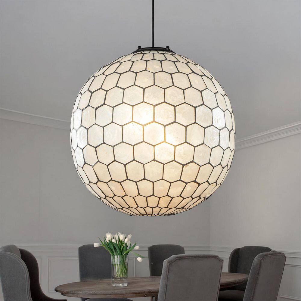 3 Light W18 in. Matte Black Cosatal Natural Capiz Seashell Globe Chandelier