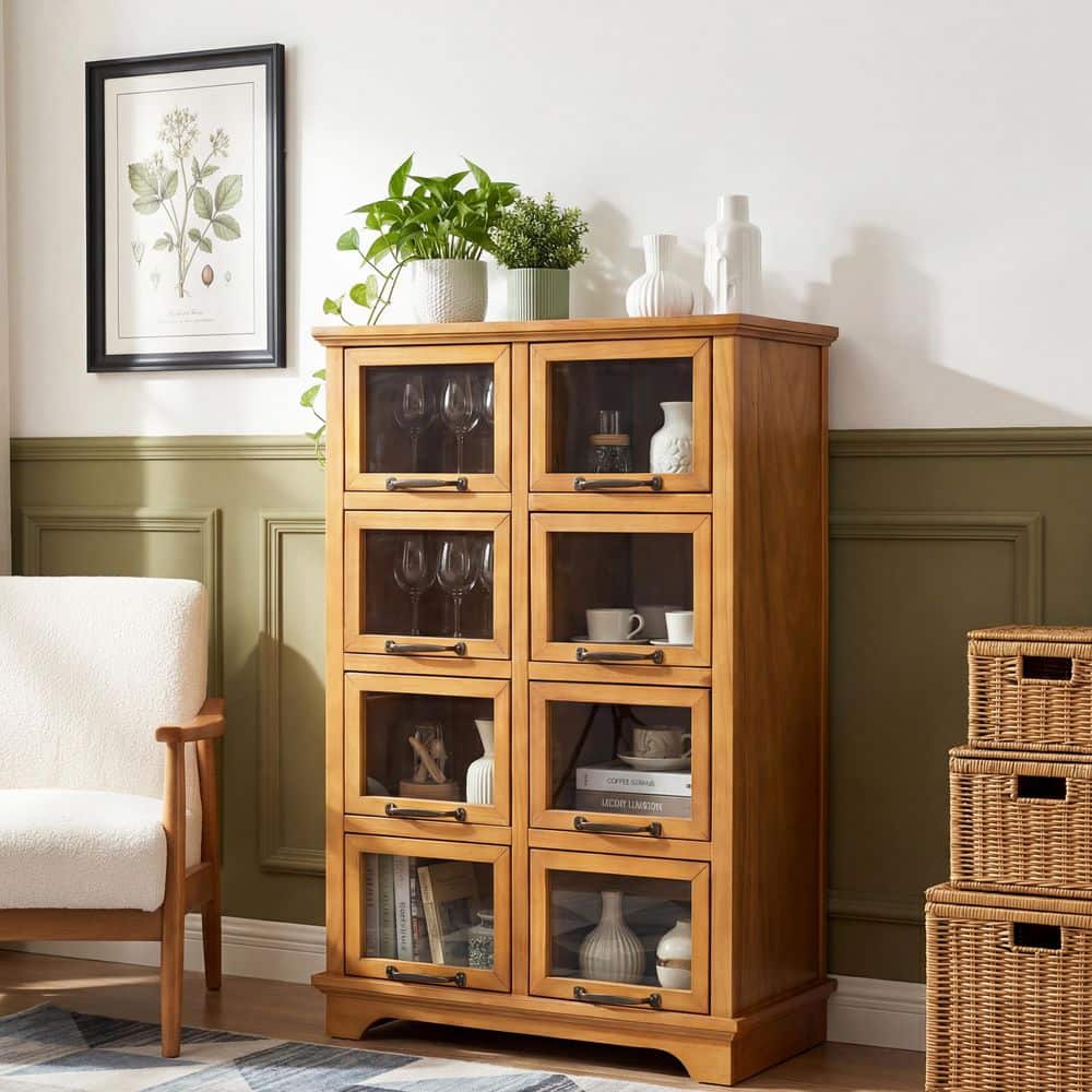 Natural 40.22 in. H Modern Farmhouse Wooden Storage Display Cabinet, 8-Compartment Organizer with Glass-Front Doors