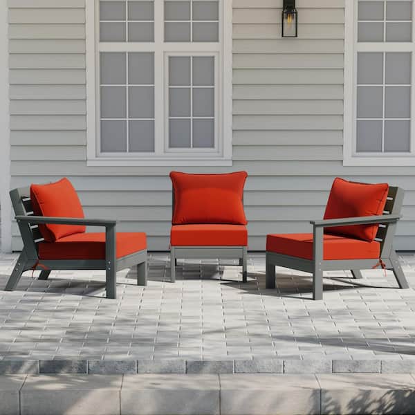 Birchwood Gray Arrangeable 3-Piece HDPE Deep Seating Outdoor Patio Conversation Sofa Arm Chair Set w/ Orange Cushions