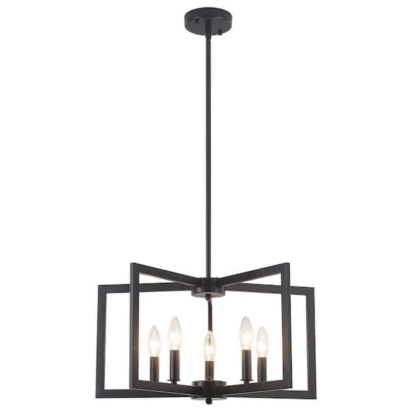 5-Light Black Modern Industrial Chandelier Farmhouse Candle-Style Geometric Rectangle Pendant Light