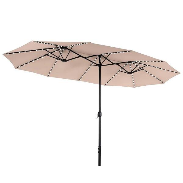 PHI VILLA 13 ft. Steel Market 8Color Solar LED Lights Patio Umbrella in Beige THDE02GM029M