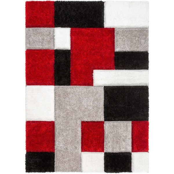 San Francisco Escondido Red Modern Geometric Squares 5 ft. 3 in. x 7 ft. 3 in. 3D Carved Shag Area Rug