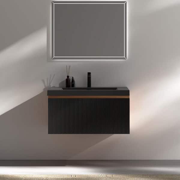 30 in. W Single Sink Walnut Black Floating Bath Vanity with Matte Black Quartz Sand Top