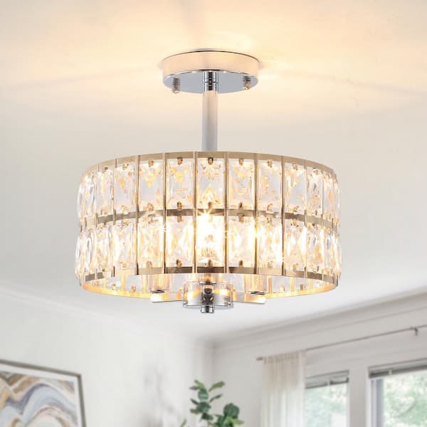 LWYTJO Koyal 3-Light Round Gold/Chrome 12.59 in. Chandelier Semi Flush Mount Ceiling Light with Clear Crystal Glass Drum Shade
