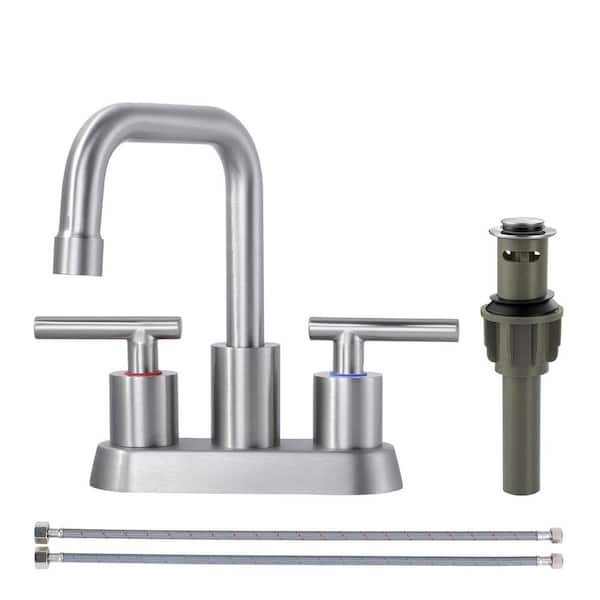 4 in. Centerset Double Handle Bathroom Faucet with Pop-Up Drain and Supply Lines in Stainless Steel Brushed Nickel