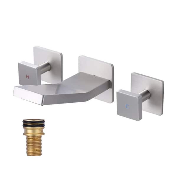 Modern Double Handle Wall Mounted Bathroom Faucet with Waterfall Spout in Brushed Nickel
