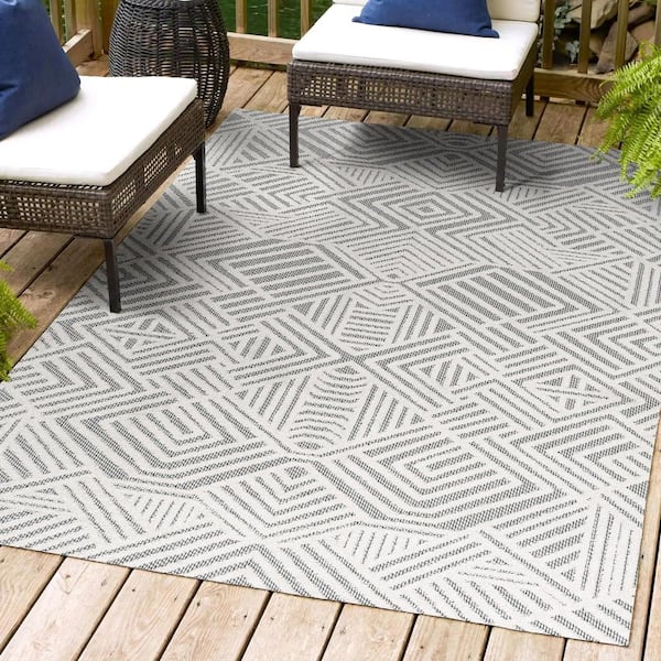 Jordan High-Low Pile Art Deco Geometric White/Black 3 ft. x 5 ft. Indoor/Outdoor Area Rug