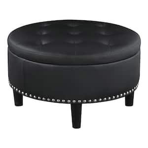 Jace Black Faux Leather Upholstered Tufted Round Storage Ottoman