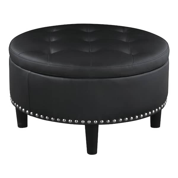 Coaster Jace Black Faux Leather Upholstered Tufted Round Storage Ottoman