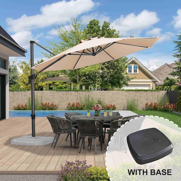 PURPLE LEAF 11 ft. Octagon Aluminum Outdoor Patio Cantilever Umbrella Offset 360-Degree Rotation Umbrella with Wheels Base, Beige