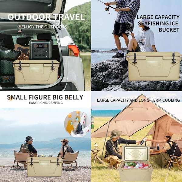 Btmway 65 qt. Khaki Outdoor Portable Camping Cooler with Wheels, Ice Chest with 54 Can Capacity, Keeps Ice for Up to 5 Days, Green