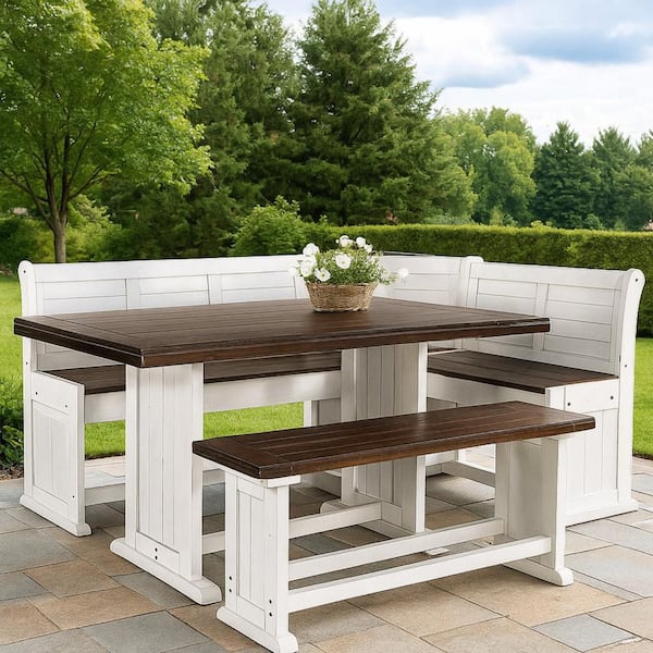 Orso 4-Piece Off-White and Dark Brown Rectangle Wood Top Counter Height Breakfast Nook Dining Table Set Seats 8