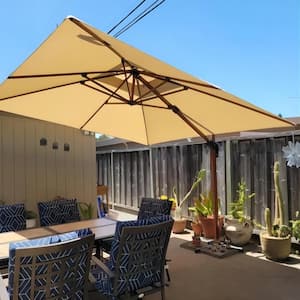 11 ft. Square High-Quality Wood Pattern Aluminum Cantilever Polyester Patio Umbrella with Stand, Beige