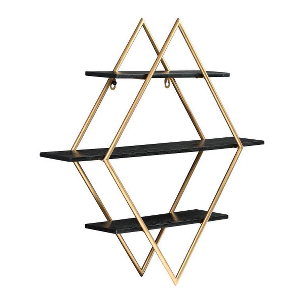Espresso Black Wood and Gold Iron Diamond Wall Shelf, 23.5"