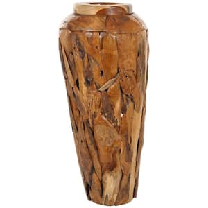 Brown Handmade Tall Floor Teak Wood Decorative Vase with Mosaic Live Edge Pieces