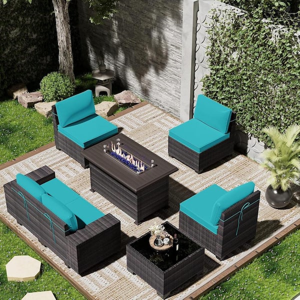 Halmuz 7-Piece Wicker Patio Fire Pit Set with 55000 BTU Gas Fire Pit Table, Coffee Table, Glass Wind Guard and Cushion Blue