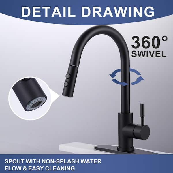 Single Handle Pull Down Sprayer Kitchen Faucet with Deck plate and Flexible Hose in Matte Black