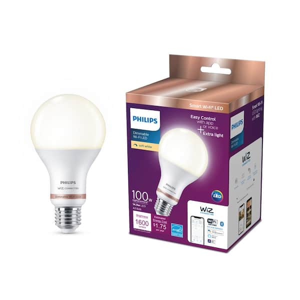 Philips 100-Watt Equivalent A21 LED Smart Wi-Fi Light Bulb Soft White (2700K) powered by WiZ with Bluetooth (2-Pack)