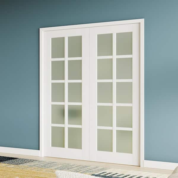 64 in. W. x 80 in. Double 32 in. W. Door 10 Lite, White Primed, No Bore, Frosted, Finished MDF Wood Interior Door Slab