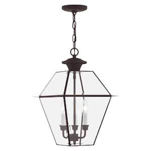 Ainsworth 18.5 in. 3-Light Bronze Dimmble Outdoor Pendant Light with Clear Beveled Glass and No Bulbs Included