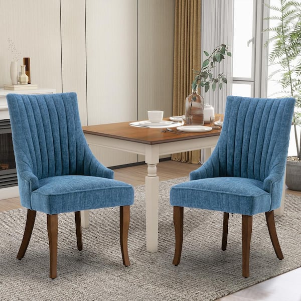 WONDER COMFORT Comfy Blue Linen Channel Tufted Upholstered Dining Chairs Set of 2 with Solid Wood Legs
