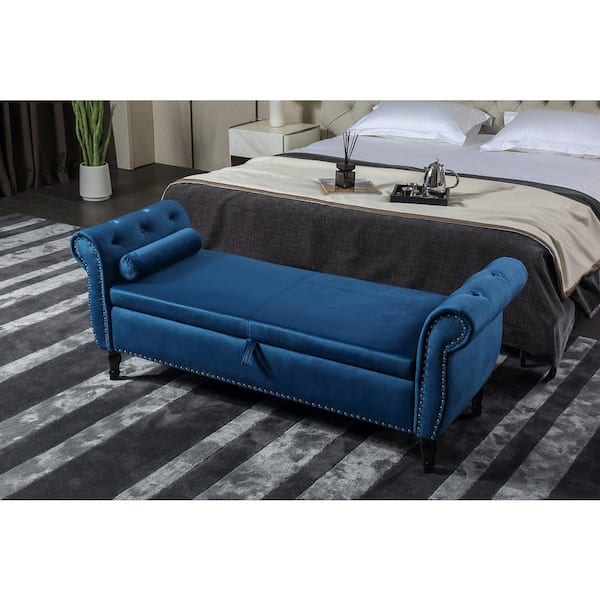 Unbranded Blue Velvet Upholstered Ottoman 63 in. Bedroom Bench Tufted Storage Bench with Solid Wood Legs