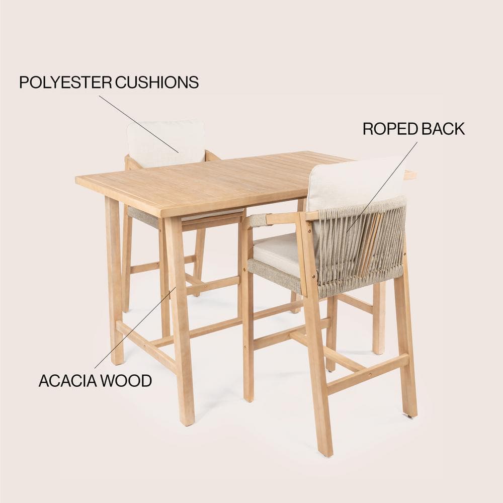 Porto 2-Person Beige and Light Teak Acacia Wood Bar Set