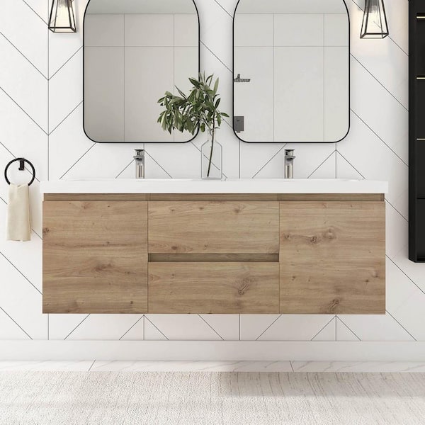 Staykiwi 59.1 in. W x 19.7 in. D x 22.5 in. H Double Sink Wall Mounted Bath Vanity in Natural Oak with White Cultured Marble Top