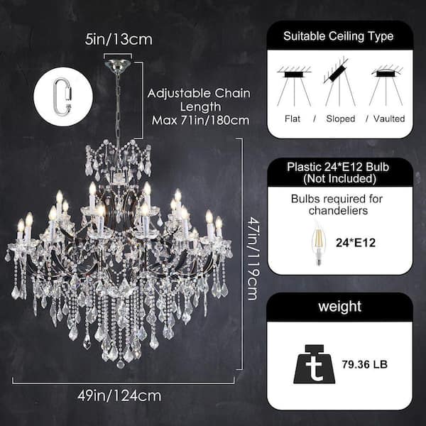 PUYRNF 24-Light 49 in. Crystal Black Chandelier, Large Foyer