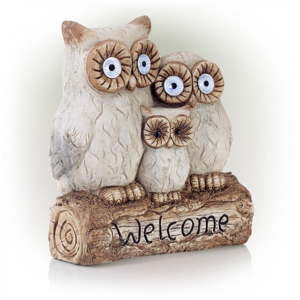 Alpine Corporation 16 in. Tall Outdoor Solar Powered Owl "Welcome" Family Statue with LED Lights