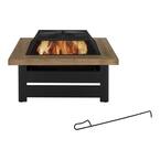 Stoneham 34 in. x 15.5 in. Square Steel Black Wood Fire Pit with Wood-Look Tile Top